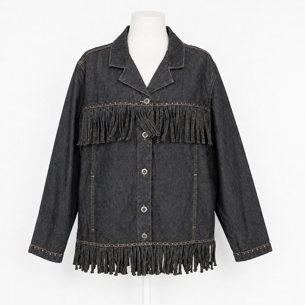 Vintage Y2K Denim Fringe Button Jacket Sz 18 Black Studded Western Boho Festival